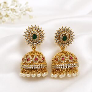 Elegant Gold-Tone Micro-Pave CZ Studded Jhumkas with Hanging Pearl Beads