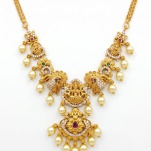 Traditional South Indian Temple Necklace with Pearl Drops & CZ Stones
