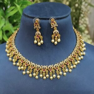 Regal Gold-Plated CZ & Ruby Pearl Choker Set with Matching Earrings